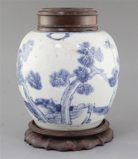 A Chinese Three Friends blue and white ovoid jar, early 18th century, height 27cm including wood stand and cover